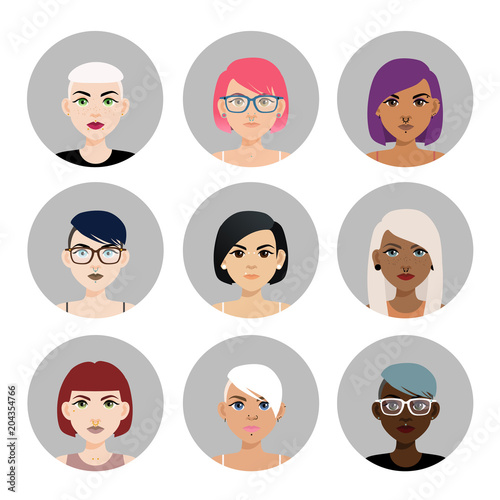 Set Of Multicultural Girl Avatars With Piercing On White
