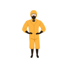 Wall Mural - Worker of chemical laboratory wearing orange protective suit, gas mask, gloves and boots. Flat vector design