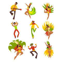 Canvas Print - people dancing and playing music, brazil carnival, dancing men and women in bright costumes vector i