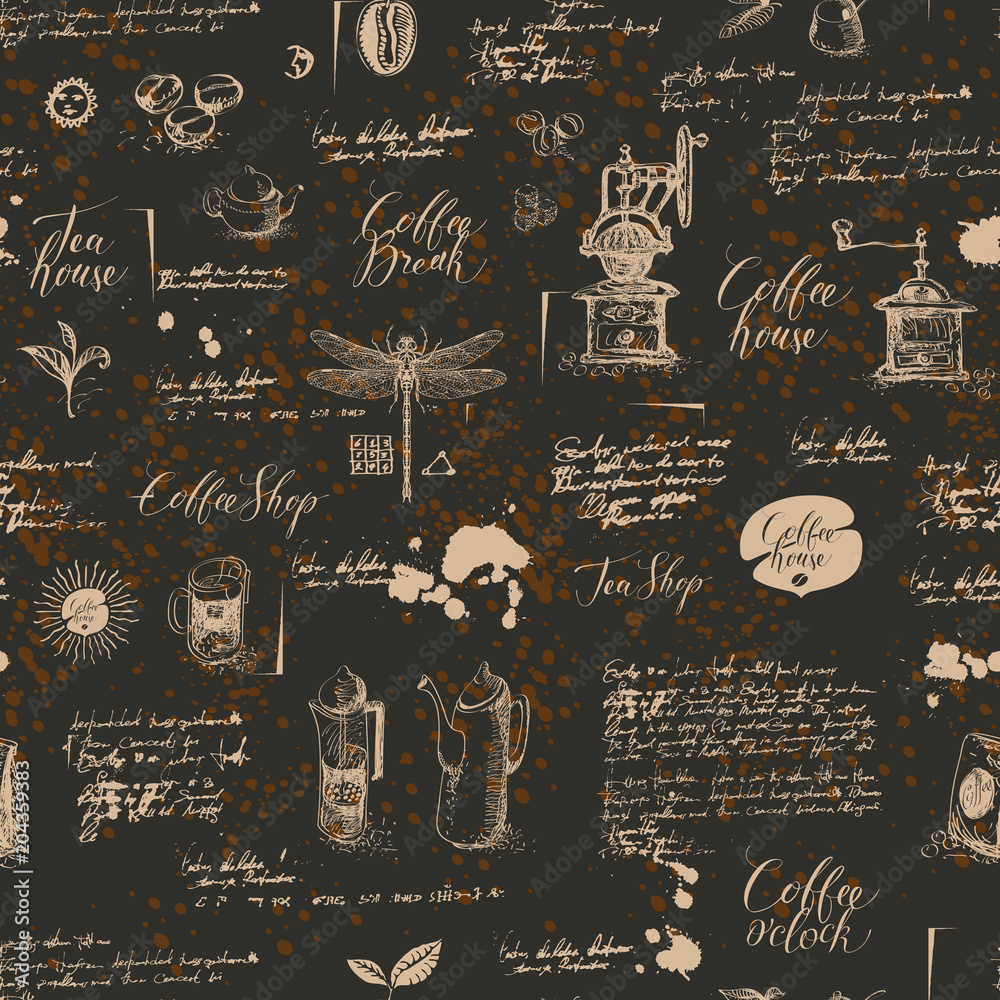 Vector seamless pattern on tea and coffee theme in retro style. Various ...