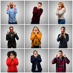 Poster - Group of mixed people, women and men happy and surprised cheering expressing wow gesture