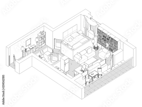 Line Drawing Floor Plan On A White Background Mock Up Of Furnished Line Drawing Floor Plan On A White Background Mock Up Of Furnished Home Apartment