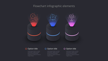 Business process chart infographics with 3 step segments. Circular corporate timeline infograph elements. Company presentation slide template. Modern vector info graphic layout design.