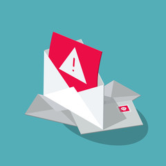 Fototapete - Spam vector symbol with several envelopes and a red unsolicited message isolated on blue background. Flat design, easy to use for your website or presentation.