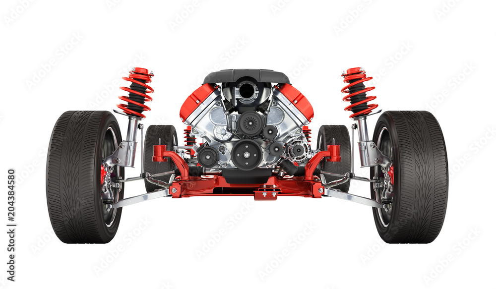 Undercarriage in detail Suspension of the car with wheel and engine isolated on white background 3d without shadow - obrazy, fototapety, plakaty 