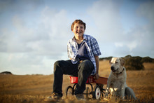 Smiling Boy Sitting On Wagon With His Dog In The Middle Of The Field