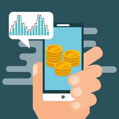 Sticker - hand holding smartphone and money chart finance vector illustration