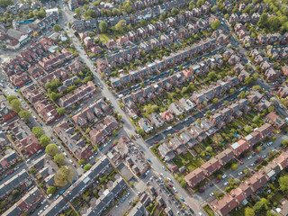 Residential houses drone above aerial view blue sky with park and greenery 