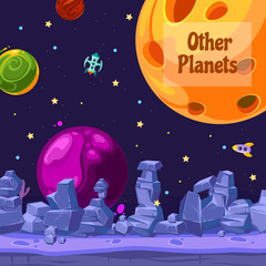 Wall Mural - vector background with place for text with cartoon space planets and ships