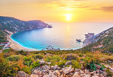 Fantastically Beautiful Scenery With The Beach At Sunset In Petani Beach, Kefalonia, Greece. Amazing Places. Tourist Attractions.