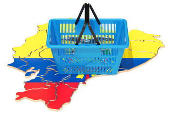 Poster - shopping basket on ecuadorian map, market basket or purchasing power in ecuador concept. 3d renderin