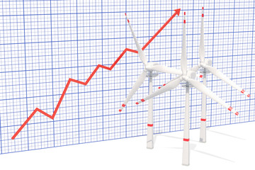 Wall Mural - Wind turbines with growing chart. 3D rendering