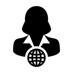 Business icon vector female person profile avatar with globe symbol for international network connection in glyph pictogram illustration