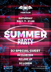 Poster - Glitch party poster with red background and ellipse for summer night rave party