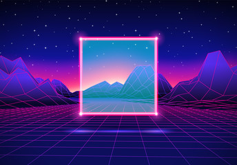 Aufkleber - retro futuristic landscape with square and shiny grid