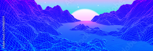 Zdjęcie XXL Neonowy krajobraz siatki i słońce w stylu gry zręcznościowej z lat 80