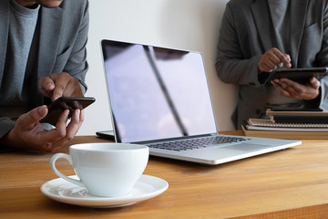 Poster - Laptop with blank screen on table. Workspace background new project on laptop computer with blank copy space screen for your advertising text message