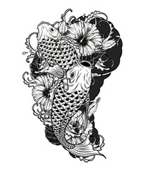 Sticker - Carp fish and chrysanthemum tattoo by hand drawing.Tattoo art highly detailed in line art style.