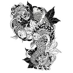 Wall Mural - Carp fish and chrysanthemum tattoo by hand drawing.Tattoo art highly detailed in line art style.