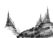 Watercolor Group Of Trees - Fir, Pine, Cedar, Fir-tree. Black And White Forest, Countryside Landscape. Slope, Hill, Forest Landscape. Drawing On White Isolated Background.