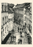 Fototapeta  - People Walk Down The Street Of The Old Town. Hand Drawn Urban Background In Engraving Style. Vector Illustration.