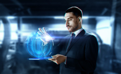 Poster - business, augmented reality and future technology concept - businessman in suit working with transparent tablet pc computer and hologram over abstract background