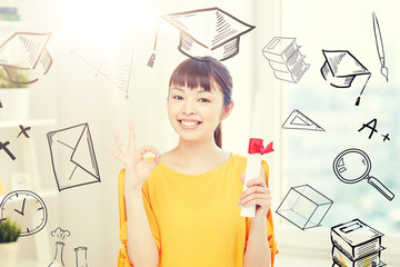 Poster - people, education, school, graduation and learning concept - happy asian young woman student with diploma scroll at home showing ok hand sign with doodles