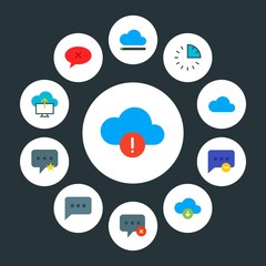 Poster - cloud and networking, chat and messenger, time Infographic Circle flat Icons Set. Contains such Icons as  white, cloud,  close, data,  data, message,  sms,  sky and more. Fully Editable. Pixel Perfect