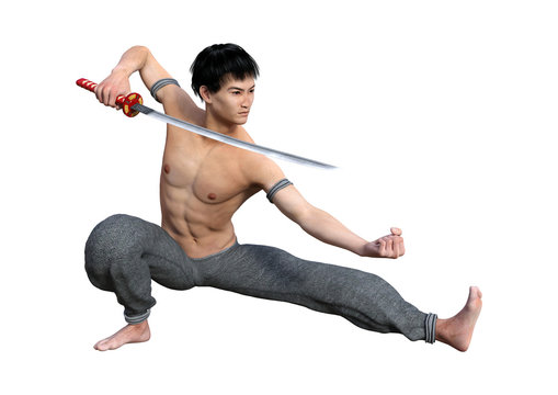 3D Rendering Fighting Monk on White