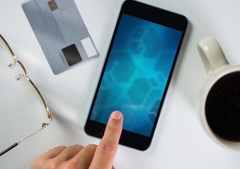 Poster - hand touching on phone with gradient screen