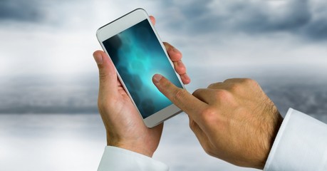 Poster - hand touching phone with blue gradient