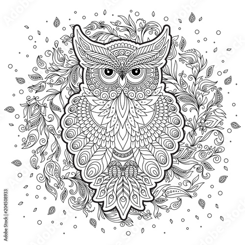 Coloring page with cute owl and floral frame. Stock Vector | Adobe Stock