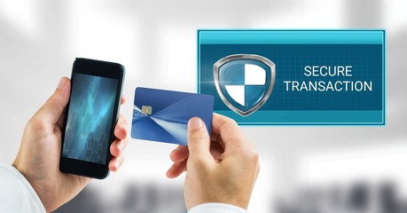 Poster - Secure transaction shield icon and phone with bank card