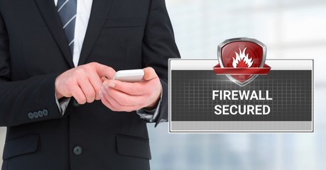 Poster - Firewall secured text with shield icon and man using phone