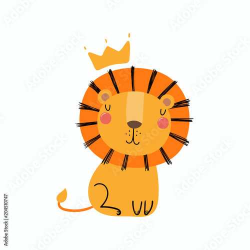 Hand drawn vector illustration of a cute funny lion in a crown. Isolated obje...