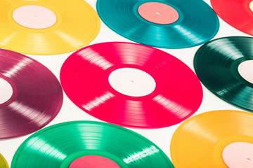 Wall Mural - retro color turntable vinyl discs for background. vintage old style filtered photo