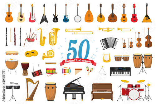 Poster Vector illustration set of 50 musical instruments in cartoon style isolated on w