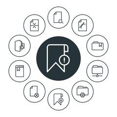 Poster - folder, bookmarks, files Infographic Circle outline Icons Set. Contains such Icons as  error,  school,  page,  template,  information,  delete,  file, file and more. Fully Editable. Pixel Perfect