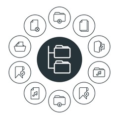 Poster - folder, bookmarks, files Infographic Circle outline Icons Set. Contains such Icons as folder,  button,  media,  favorite,  block,  download,  web,  element and more. Fully Editable. Pixel Perfect