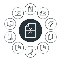 Poster - folder, bookmarks, files Infographic Circle outline Icons Set. Contains such Icons as document,  business,  update,  folder,  color,  organizer,  data,  tag and more. Fully Editable. Pixel Perfect