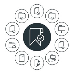 Poster - folder, bookmarks, files Infographic Circle outline Icons Set. Contains such Icons as  page,  add,  book, download,  storage, bookmark, upload,  folder,  button and more. Fully Editable. Pixel Perfect