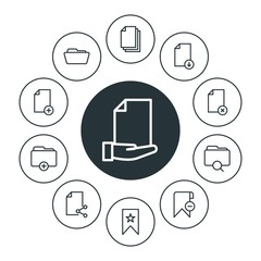Poster - folder, bookmarks, files Infographic Circle outline Icons Set. Contains such Icons as download,  technology,  storage,  transfer,  background, add,  favorite,  and more. Fully Editable. Pixel Perfect