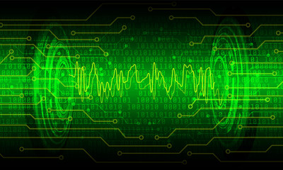 Poster - Circuit Board With Binary Code Vector Background. Yellow Green Theme Abstract Digital Pulse Communication And Security Number Technology Concept Illustration.
