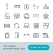 © djvectors - Modern Simple Set of buildings, furniture, housekeeping Vector outline Icons. Contains such Icons as water,  private,  open, napkin,  paper and more on white background. Fully Editable. Pixel Perfect.