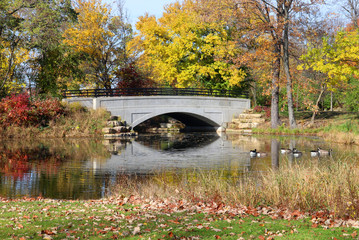 Wall Mural - beautiful fall landscape with bridge and colored trees in sunlight reflected in the lake mendota bay