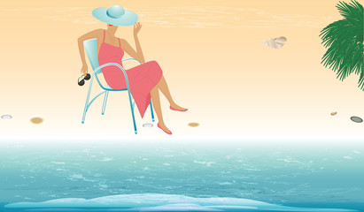 Wall Mural - Rest on the sea. Woman in hat sits in chair and watches surf - vector art illustration. Travel Poster