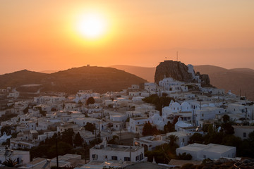 Panoramic view of Amorgos with its castle, at sunset