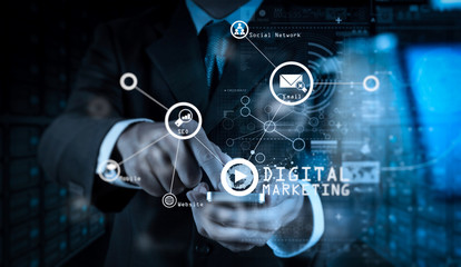 Poster - Businessman hand using mobile phone with digital layer effect as business strategy concept