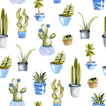 Watercolor Cactuses In A Blue Pots Seamless Pattern, Hand Painted On A White Background