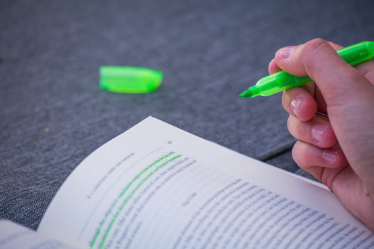 Green Highlight Highlighter Held By Girl Woman Hand School Study Book Marking
